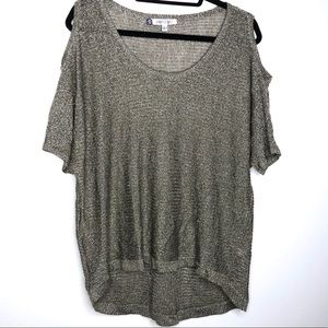 Sheer Silver Cold-Shoulder Hi-Lo Sweater